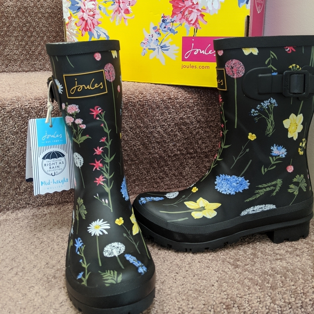 Joules Molly Black Floral Mid-Height Wellies